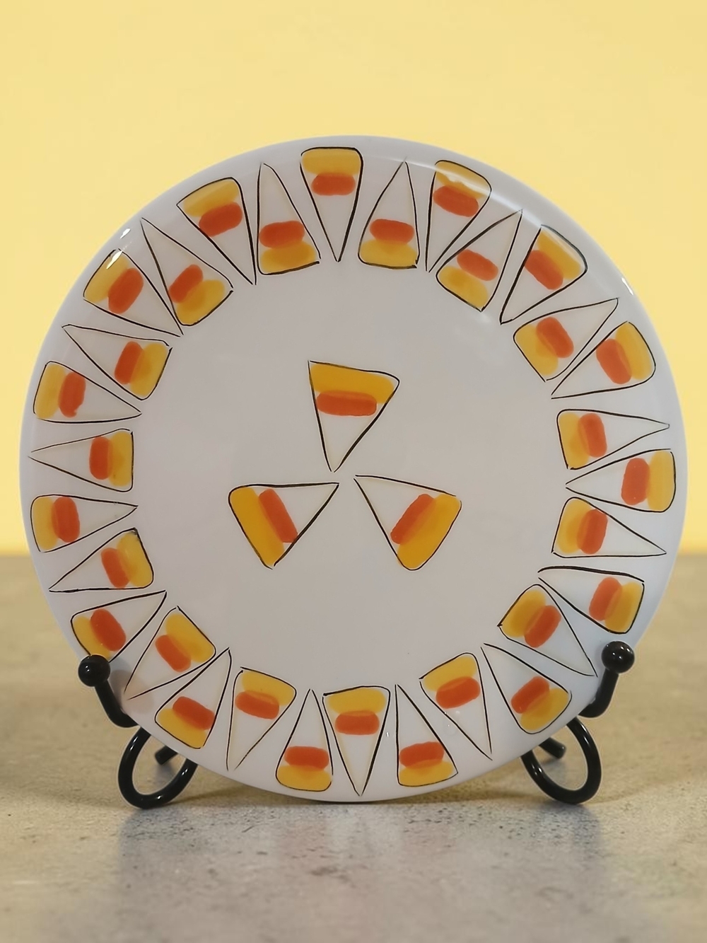 White Ceramic Plate with Yellow and Orange Candy Corn Design